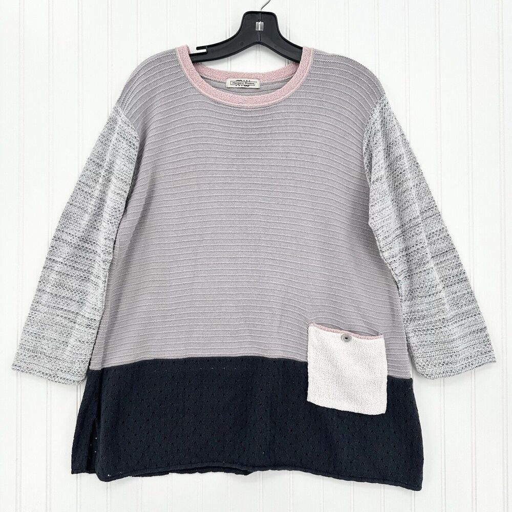 Margaret Winters Sweater Womens Medium Knit Cotton Pocket Mixed Media Boho